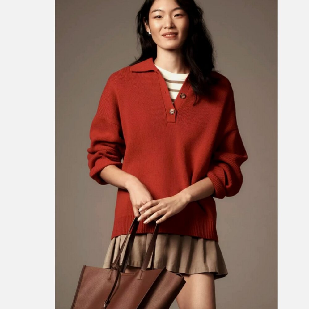 Reformation Red Brooklyn Polo Sweater Organic Cotton Sweater Anthropologie NWT - Picture 2 of 9